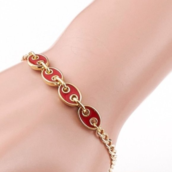 2/$20 NWOT Red Enamel Coffee bean Link Bracelet with Gold extender chain - Picture 4 of 5